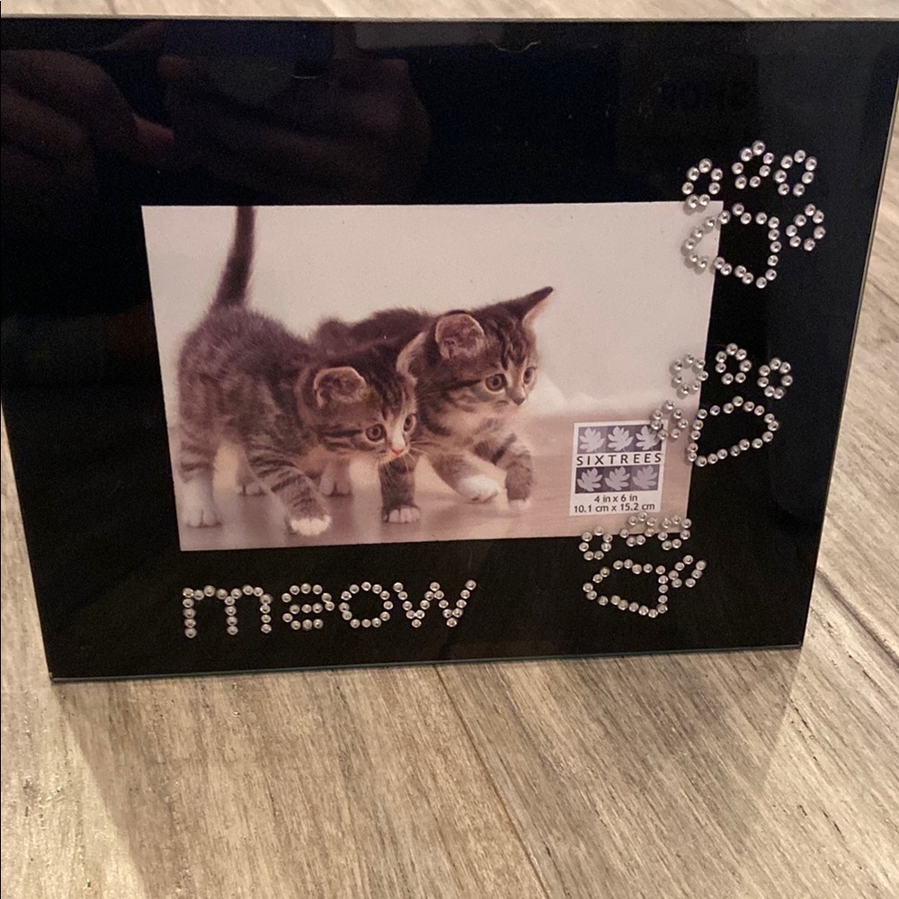 NEW glass cat picture frame with crystal paw prints and “meow” 4” x 6” photos